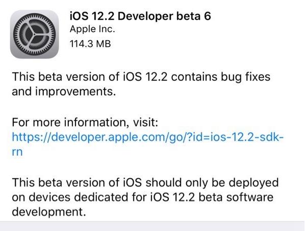 苹果iOS 12.2开发者预览版beta 6发布 苹果iOS 12.2开发者预览版beta 6发布