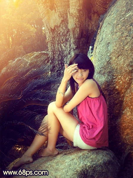 Photoshop给公园美女图片加上柔和的蓝黄色