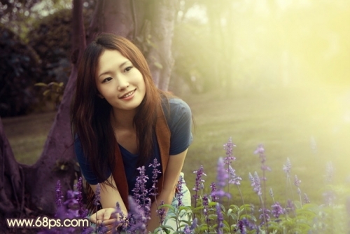 Photoshop调出树林美女图片温馨的黄紫色