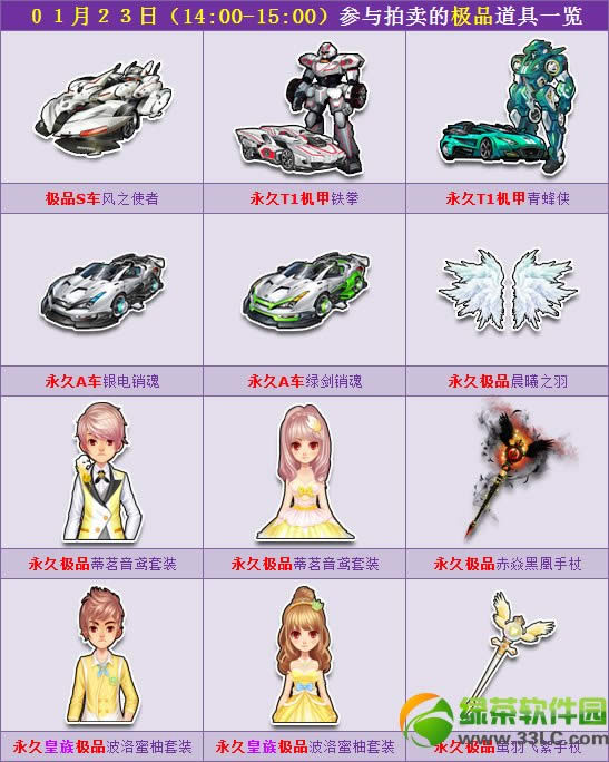 qq飞车1月23日拍卖活动 极品S车/永久A车/极品装饰等你来抢