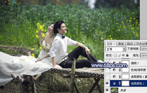 调出梦幻深蓝色田园背景婚纱照片的PS教程