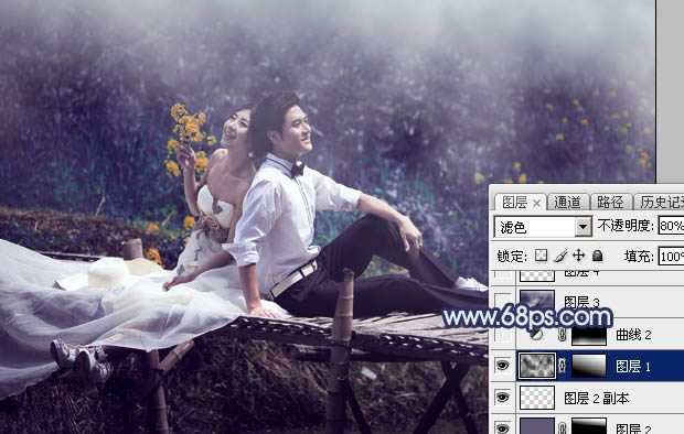 调出梦幻深蓝色田园背景婚纱照片的PS教程