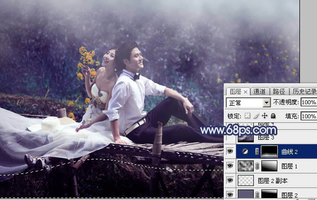 调出梦幻深蓝色田园背景婚纱照片的PS教程