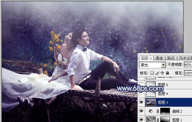 调出梦幻深蓝色田园背景婚纱照片的PS教程