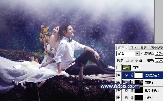 调出梦幻深蓝色田园背景婚纱照片的PS教程