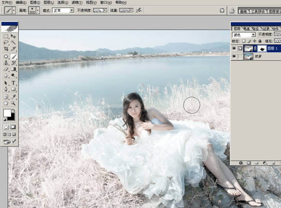 提亮唯美洁白湖景婚片色彩处理的PS教程