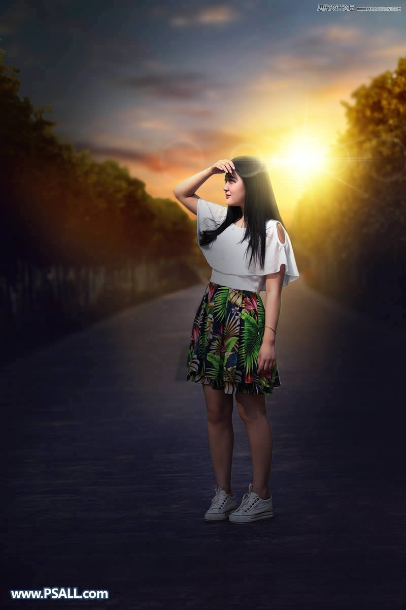 PS给外景街拍女生照片添加黄昏美景效果