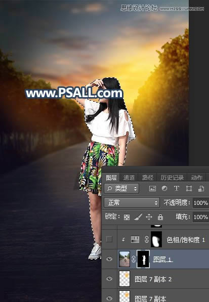 PS给外景街拍女生照片添加黄昏美景效果