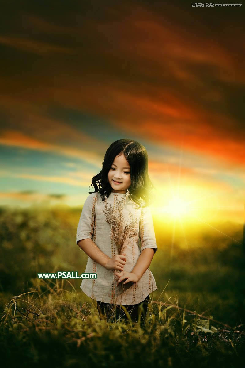 添加唯美夕阳美景儿童照片的Photoshop教程