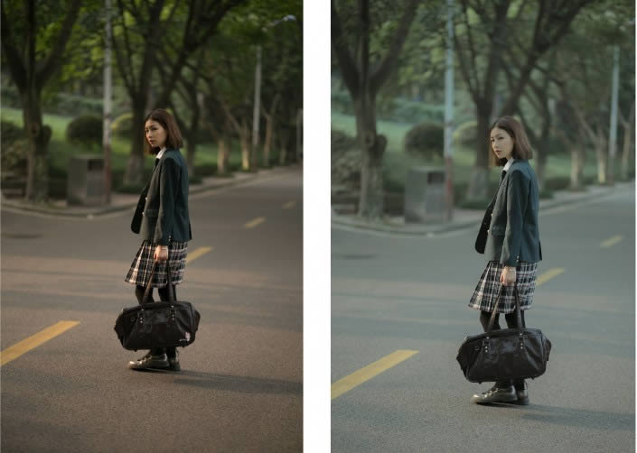 PS调出冷艳日系风格学生装女生街景照片