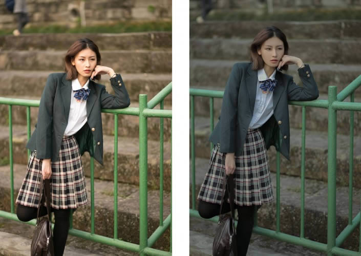 PS调出冷艳日系风格学生装女生街景照片