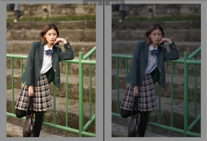 PS调出冷艳日系风格学生装女生街景照片