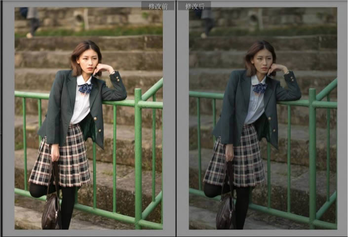 PS调出冷艳日系风格学生装女生街景照片