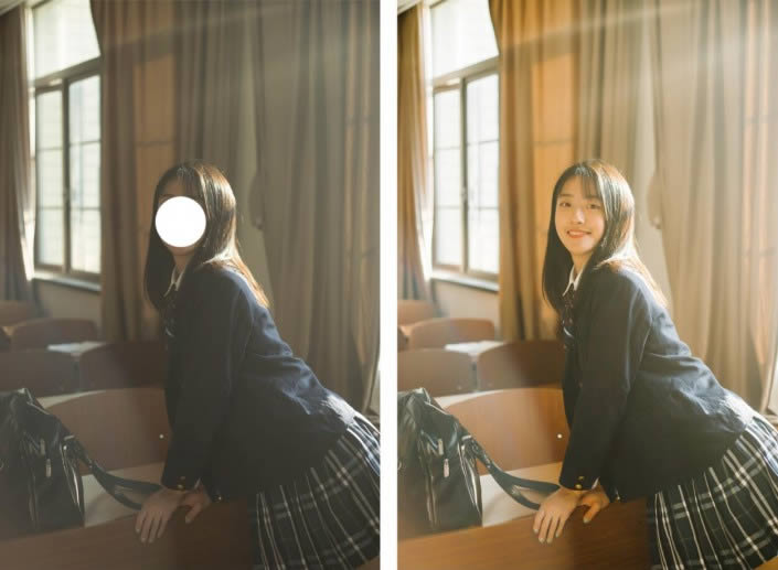 Photoshop调出暖黄色室内校园女生照片