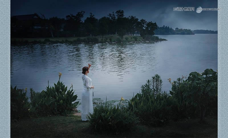 PS把白天人物湖景照片调成夜晚效果