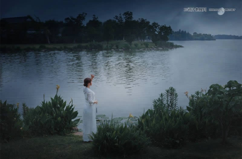 PS把白天人物湖景照片调成夜晚效果