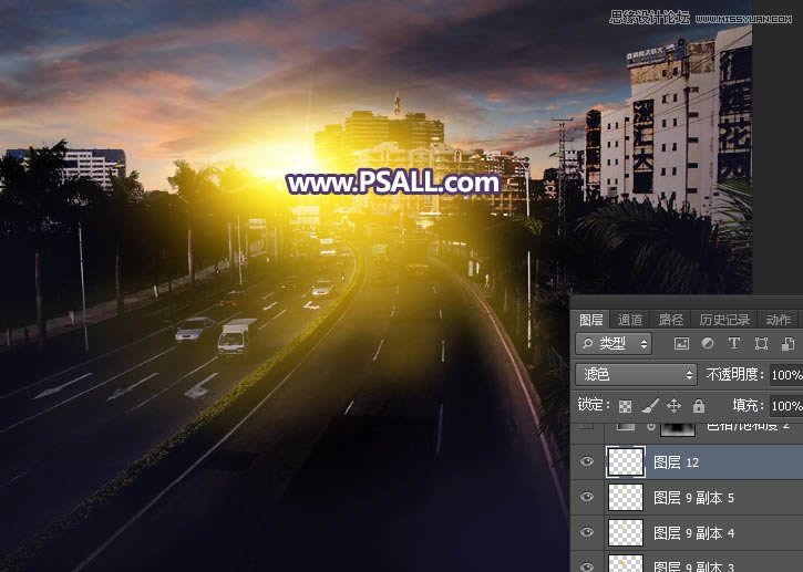PS把城市公路照片添加唯美日落夕阳效果