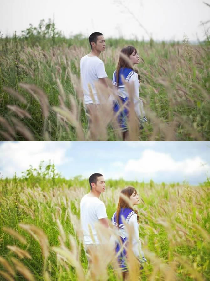 PS把草丛中的情侣照片调成小清新色彩