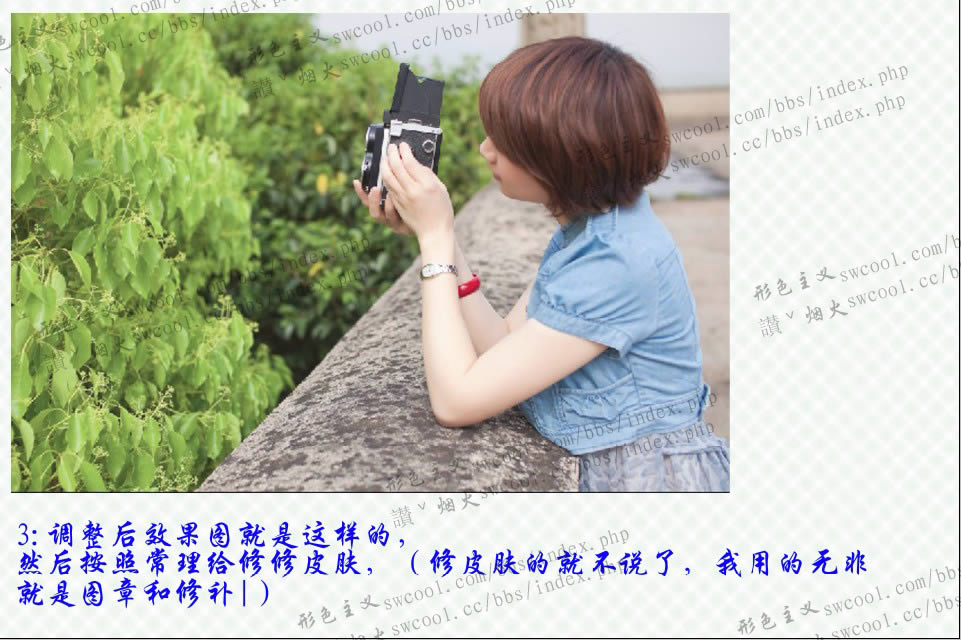 Photoshop调出淡青色街拍短发女孩照片