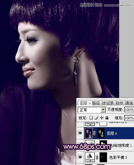 PS调出质感暗紫色短发女生头像照片