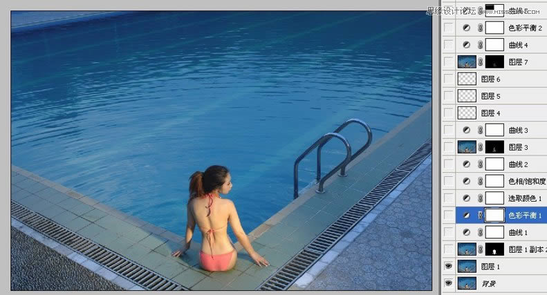 PS给泳池比基尼美女照片色彩提亮加深处理