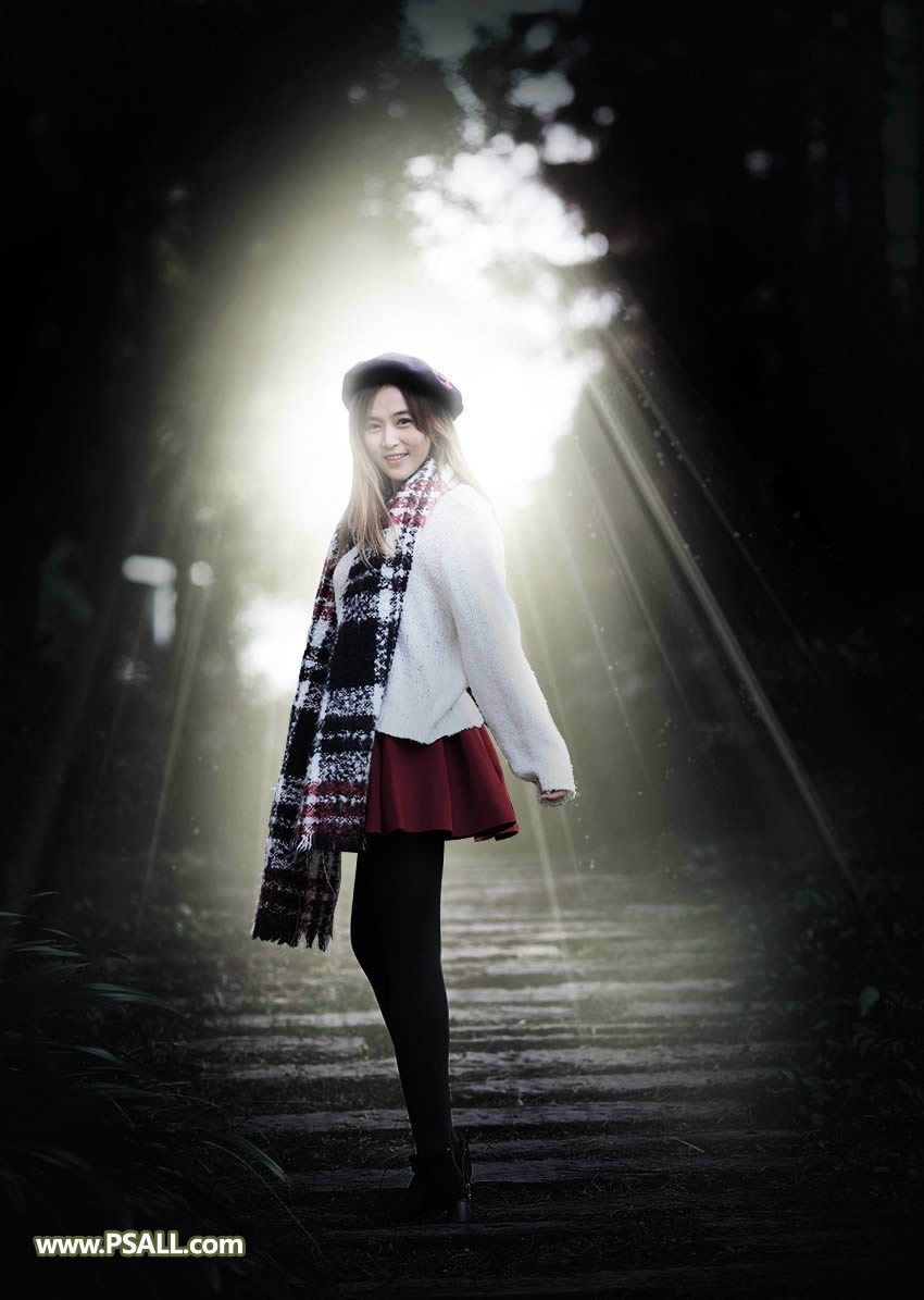 PS给树林人物照片添加冷色光影效果