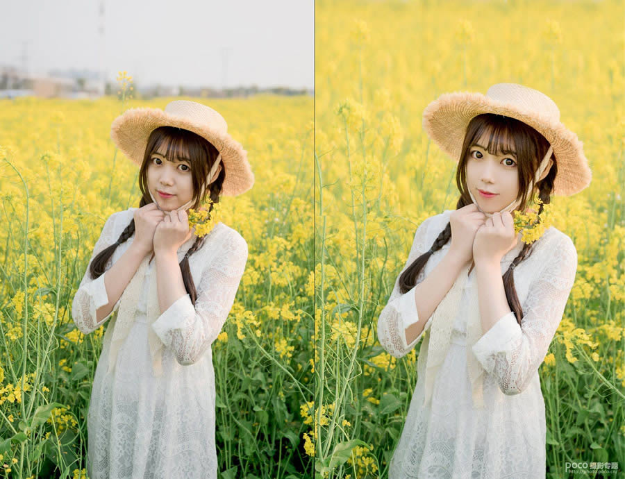 PS把逆光油菜花人物照片调成明亮高清效果