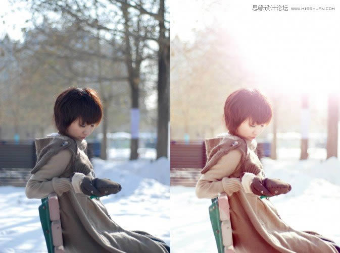 调出暖色阳光冬季雪景女孩照片的PS教程