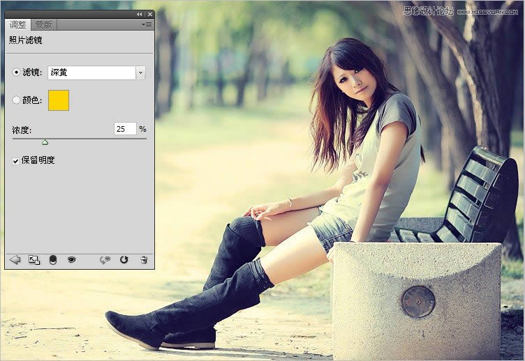 调出暖黄锐化公园长腿女孩照片的PS教程