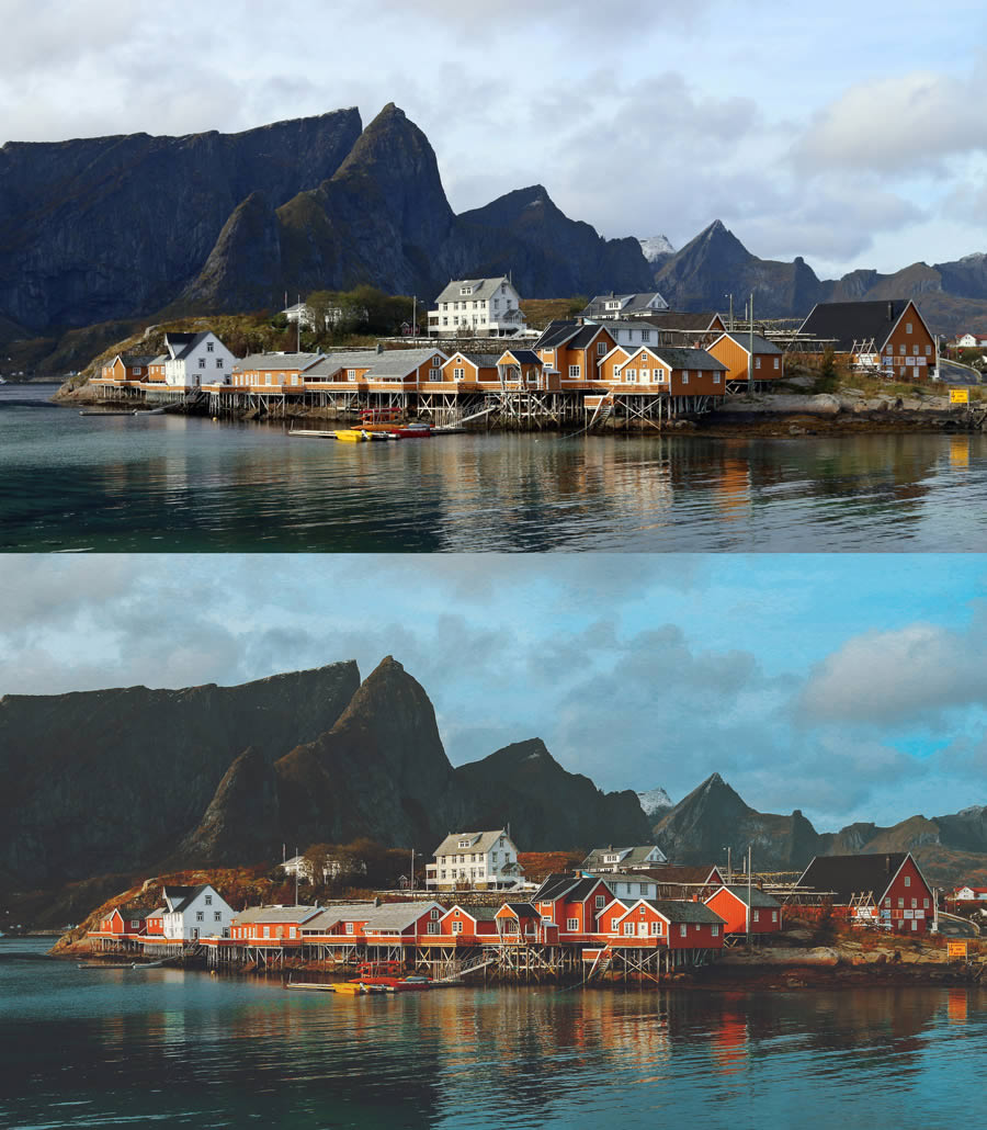 用PS调出复古暗蓝色湖景乡村风景照片