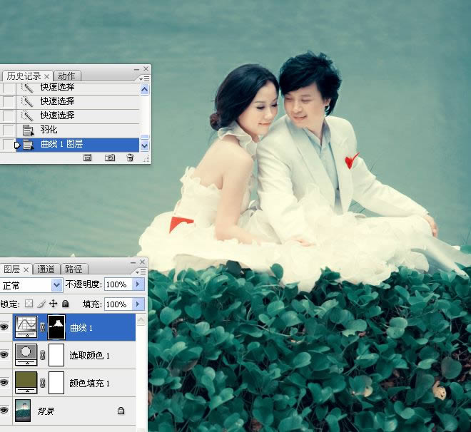 调出冷色深蓝湖景婚片效果的PS教程