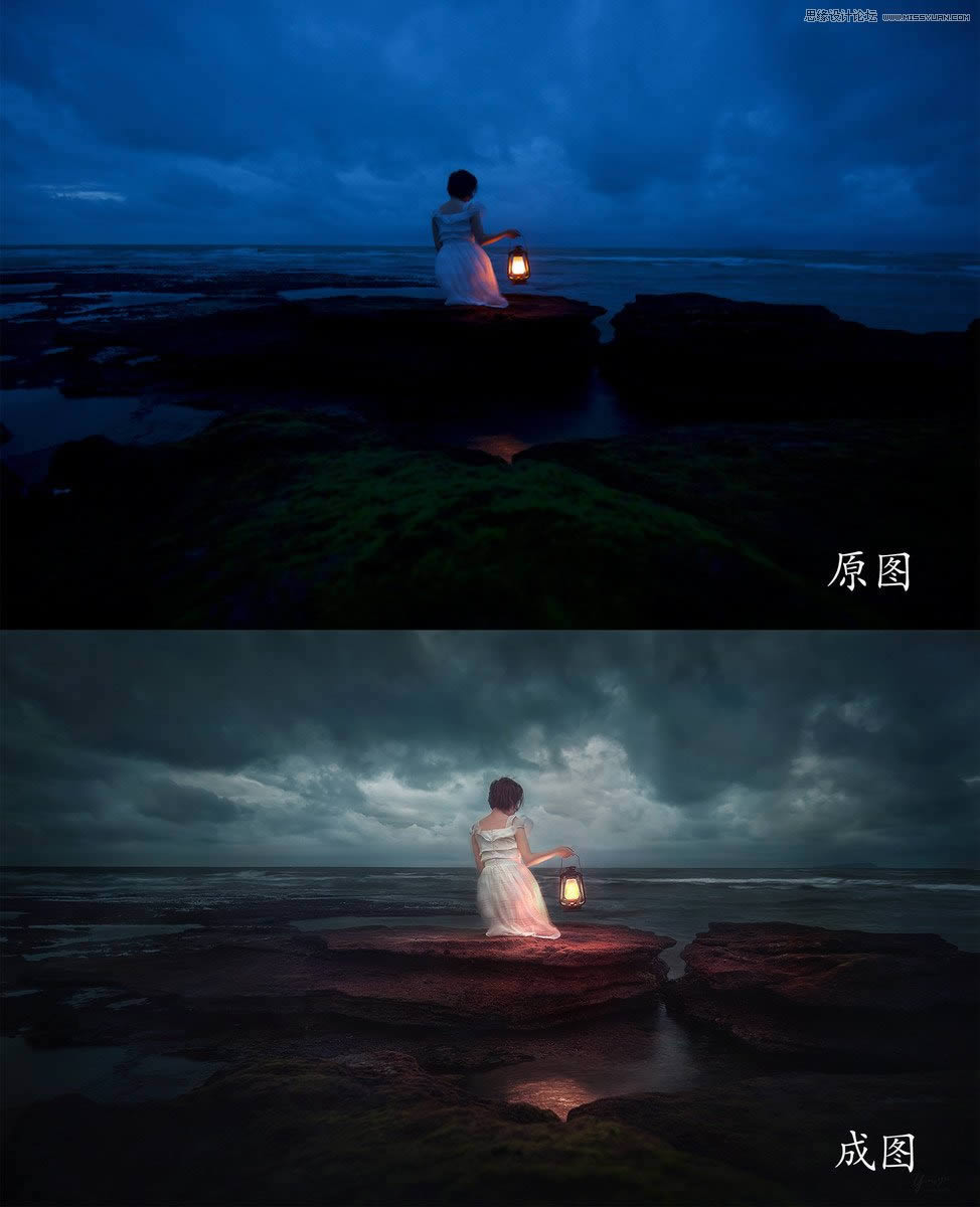 PS调出质感暗色乌云海景女生背影照片