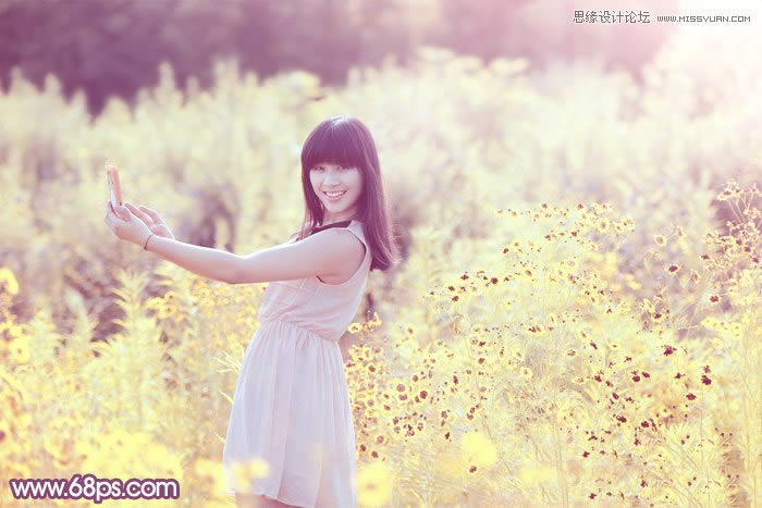 PS把户外花丛女生照片调成夏季阳光紫色调