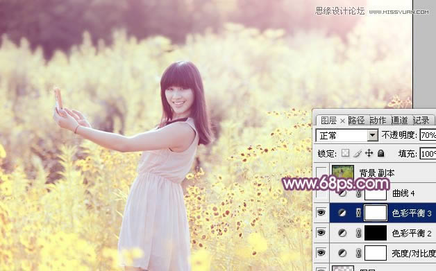 PS把户外花丛女生照片调成夏季阳光紫色调