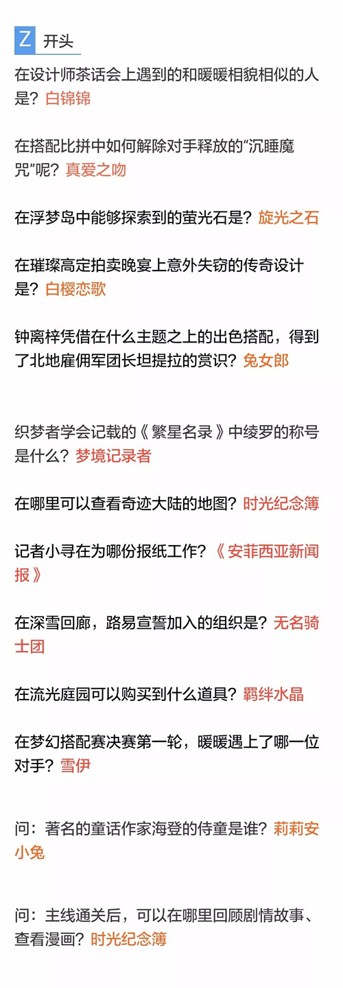 《奇迹暖暖》11月奇迹大陆知识问答答案大全
